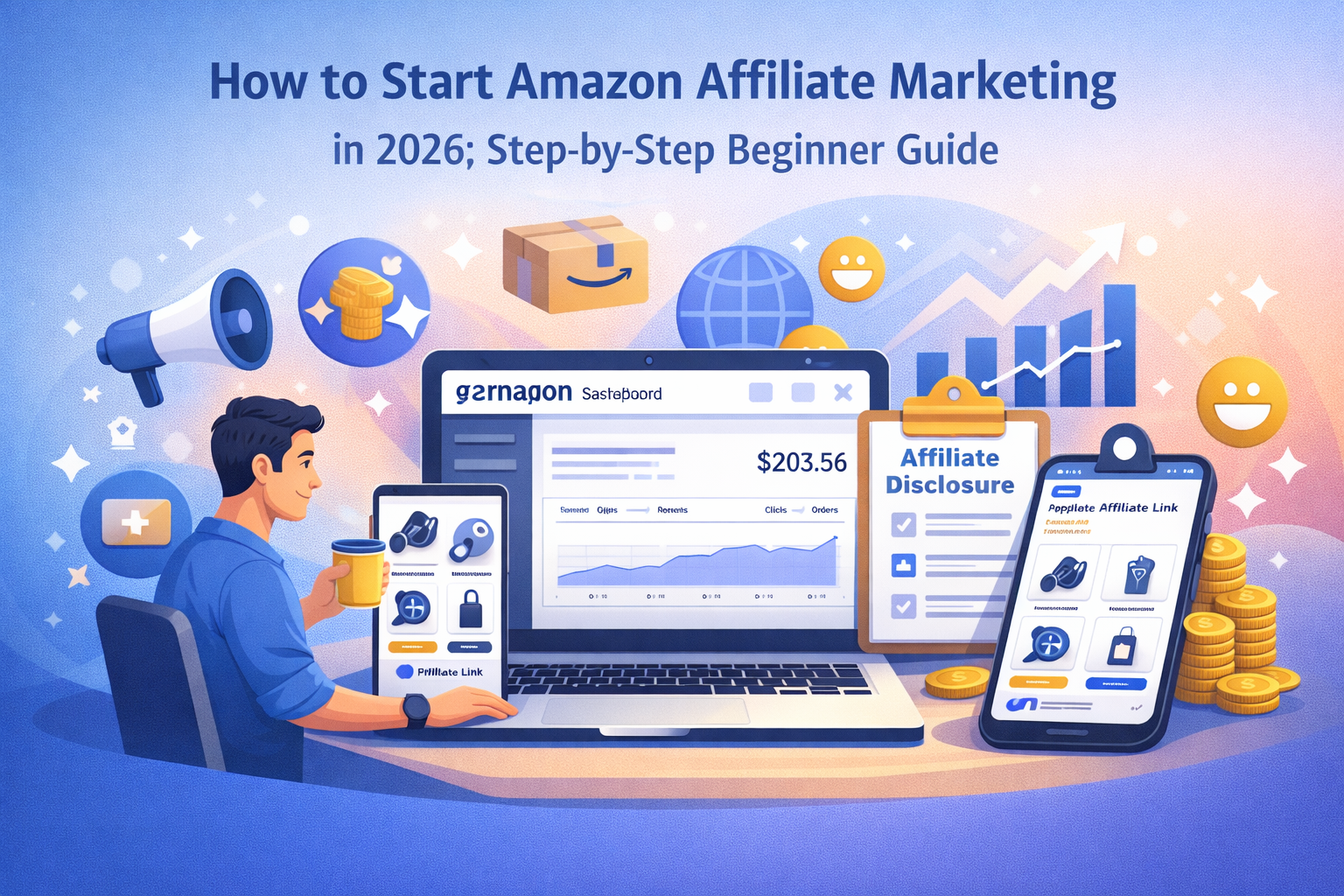 How to start Amazon affiliate marketing in 2026 showing a beginner setting up affiliate links, laptop with Amazon Associates dashboard, product promotion, and online income growth