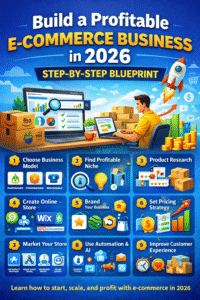 Build a profitable e-commerce business in 2026 infographic showing online store setup, product research, branding, pricing strategy, marketing, and automation tools.
