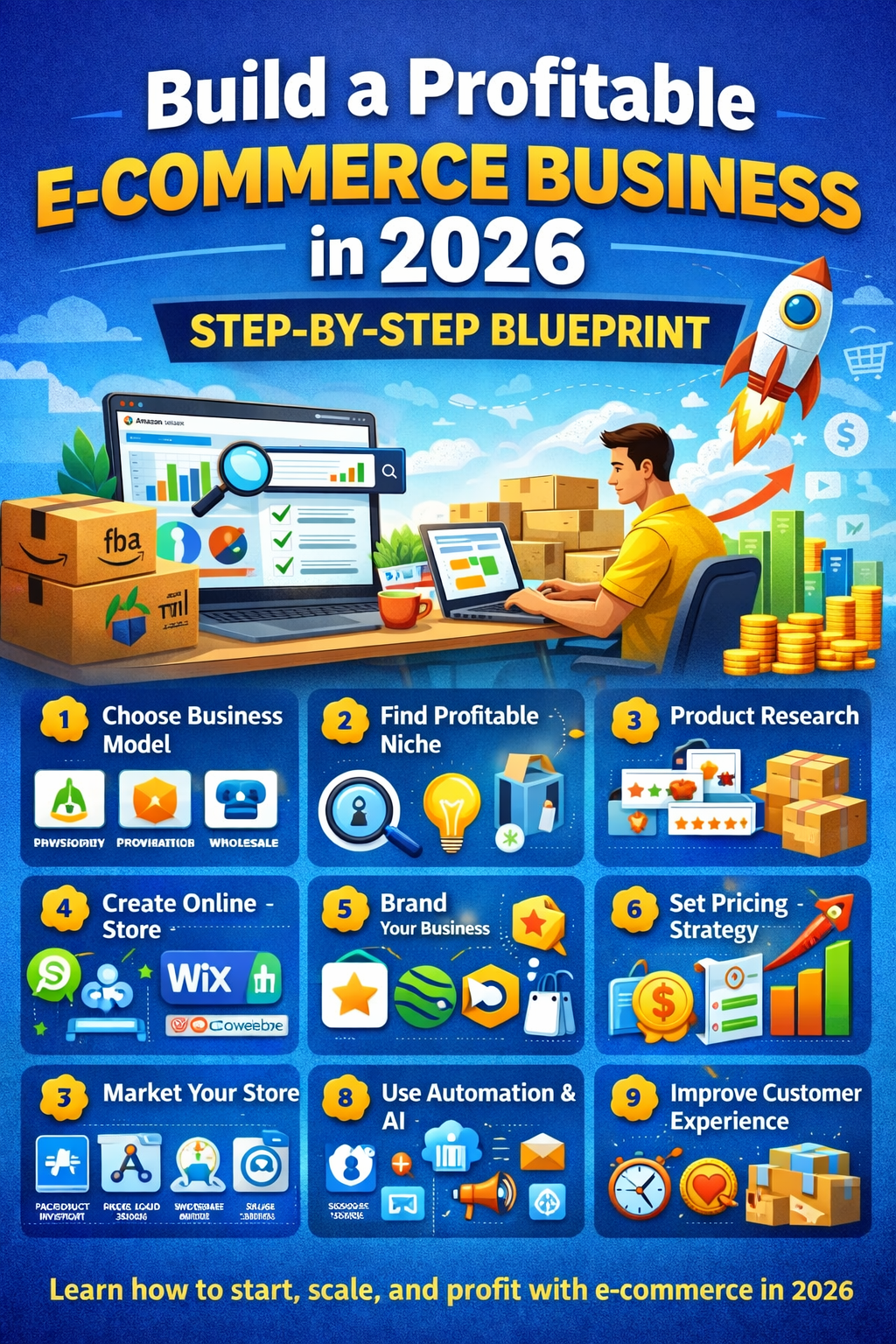 Build a profitable e-commerce business in 2026 infographic showing online store setup, product research, branding, pricing strategy, marketing, and automation tools.