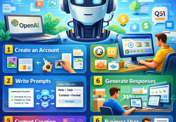 ChatGPT Tutorial 2026 infographic showing beginner steps, prompt structure formula, advanced prompting techniques, and business use cases.