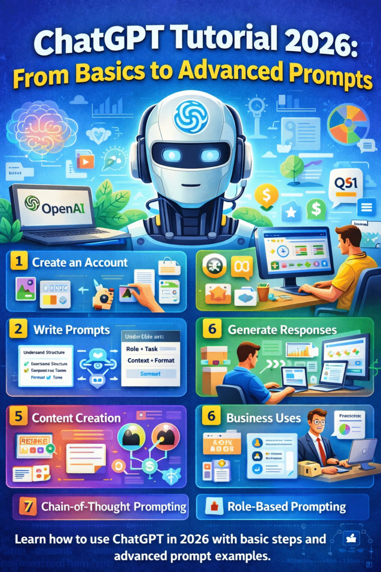 ChatGPT Tutorial 2026 infographic showing beginner steps, prompt structure formula, advanced prompting techniques, and business use cases.