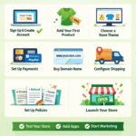Step-by-step infographic showing how to create a Shopify account in 2026, including signup, adding products, choosing theme, setting payments, and launching store.