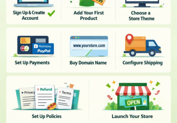 Step-by-step infographic showing how to create a Shopify account in 2026, including signup, adding products, choosing theme, setting payments, and launching store.