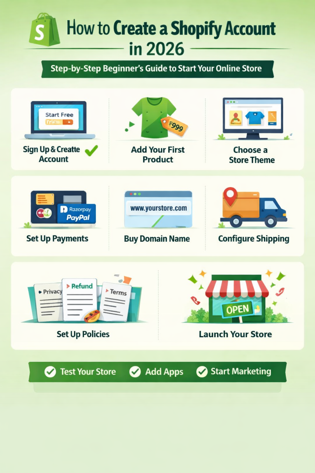 Step-by-step infographic showing how to create a Shopify account in 2026, including signup, adding products, choosing theme, setting payments, and launching store.