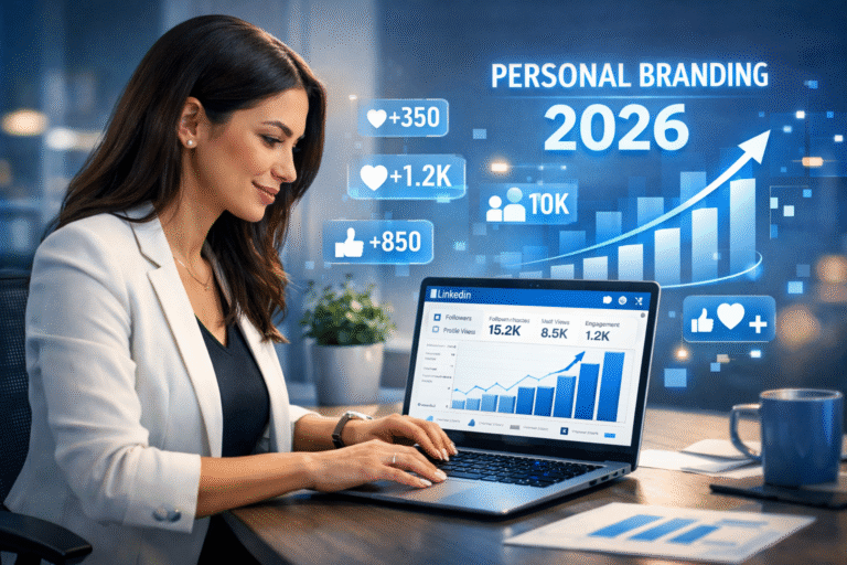 LinkedIn Growth Strategy 2026 Professional woman working on laptop with LinkedIn growth analytics dashboard, showing rising graphs, followers count, and personal branding strategy 2026 in blue corporate theme.