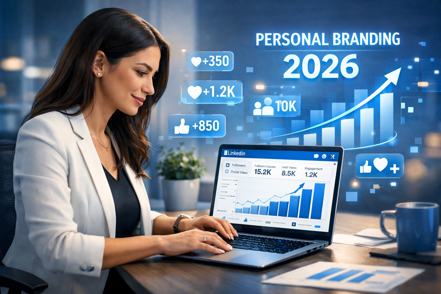 LinkedIn Growth Strategy 2026 Professional woman working on laptop with LinkedIn growth analytics dashboard, showing rising graphs, followers count, and personal branding strategy 2026 in blue corporate theme.
