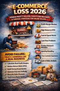 E-commerce Loss 2026 infographic showing hidden profit killers like RTO, high ad spend, low margins, and cash flow problems affecting online sellers.