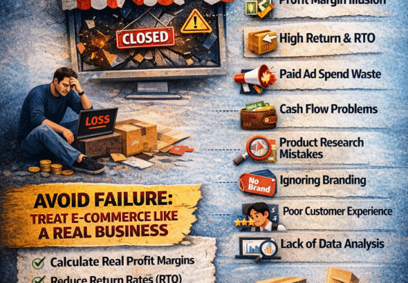 E-commerce Loss 2026 infographic showing hidden profit killers like RTO, high ad spend, low margins, and cash flow problems affecting online sellers.