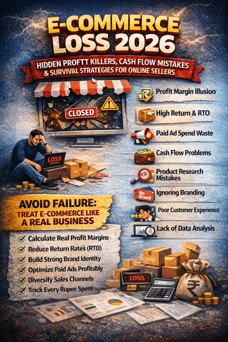 E-commerce Loss 2026 infographic showing hidden profit killers like RTO, high ad spend, low margins, and cash flow problems affecting online sellers.