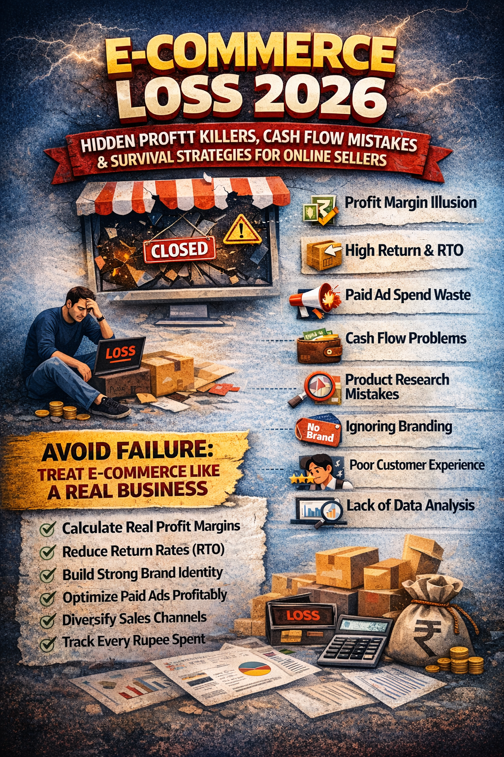 E-commerce Loss 2026 infographic showing hidden profit killers like RTO, high ad spend, low margins, and cash flow problems affecting online sellers.