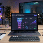 Marketing Automation Secrets Automated sales funnel dashboard with email workflows and rising revenue graph.