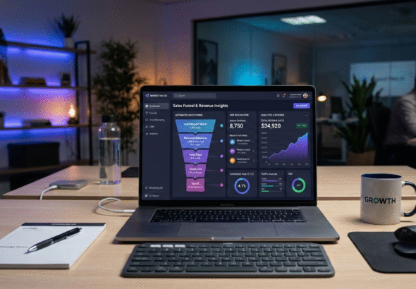 Marketing Automation Secrets Automated sales funnel dashboard with email workflows and rising revenue graph.