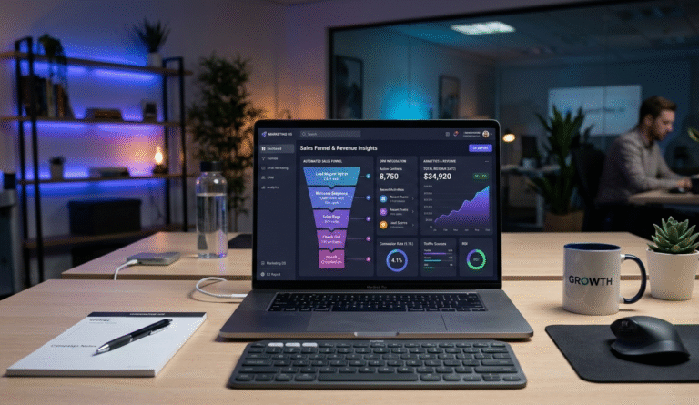 Marketing Automation Secrets Automated sales funnel dashboard with email workflows and rising revenue graph.