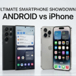Comparison of Android vs iPhone in 2026 showing two smartphones with futuristic technology background