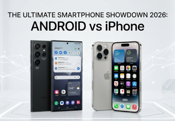 Comparison of Android vs iPhone in 2026 showing two smartphones with futuristic technology background