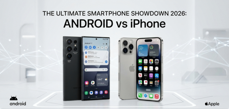 Comparison of Android vs iPhone in 2026 showing two smartphones with futuristic technology background