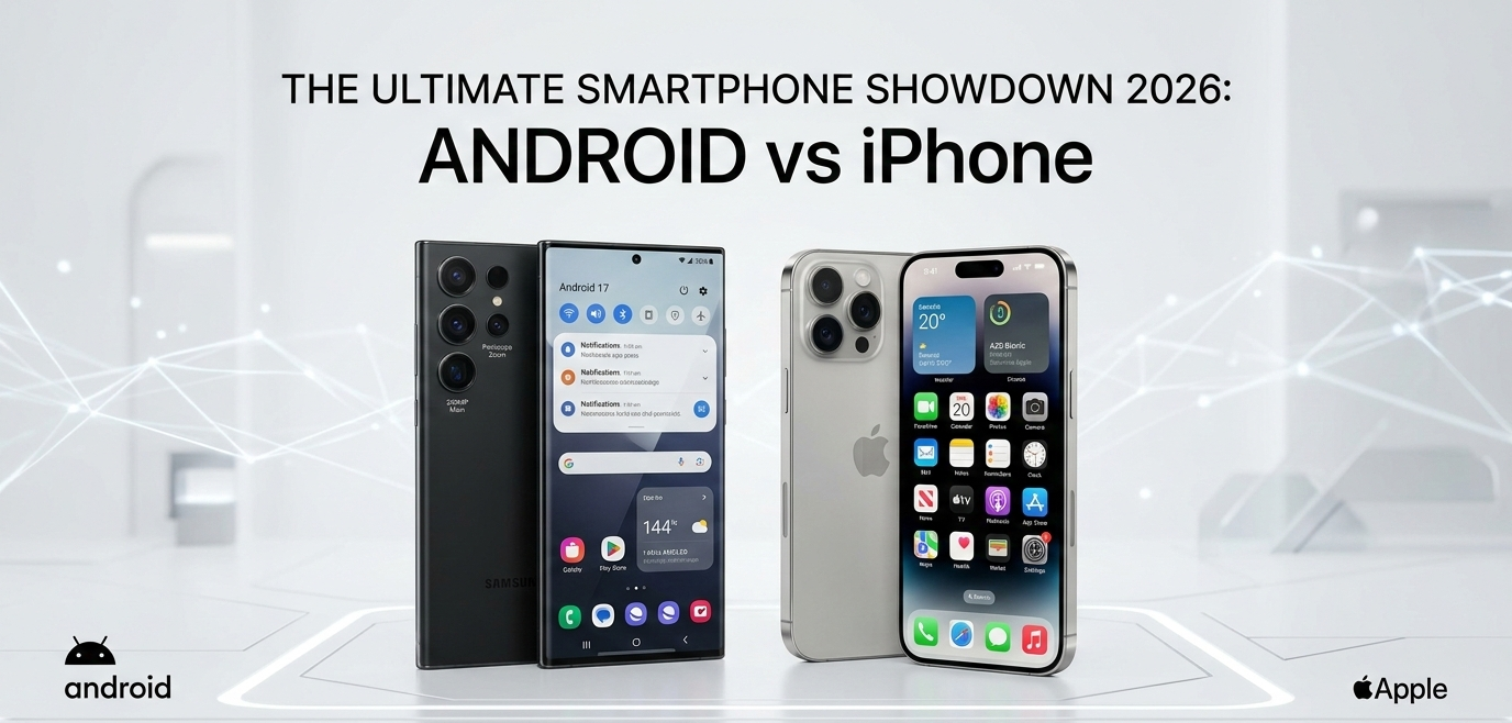 Comparison of Android vs iPhone in 2026 showing two smartphones with futuristic technology background