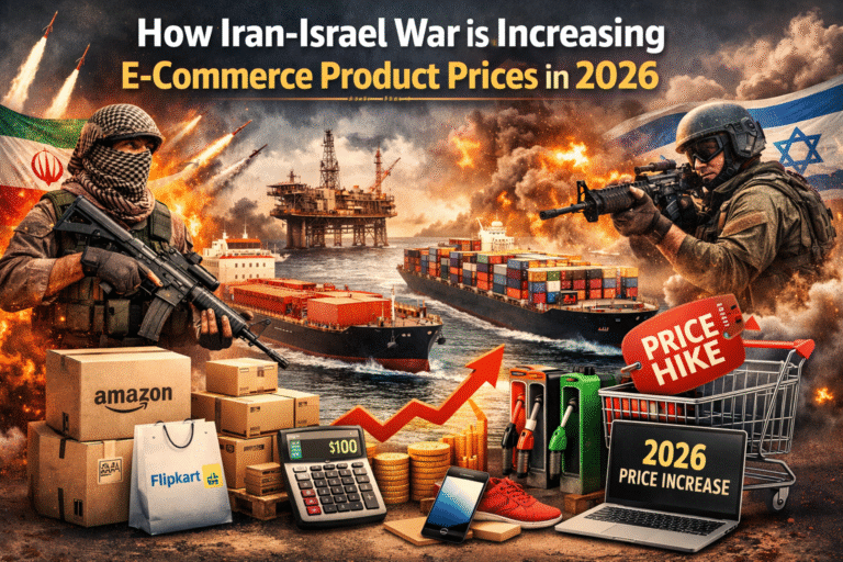 How Iran-Israel War impact on e-commerce product prices in 2026 with shipping, oil, and price increase illustration