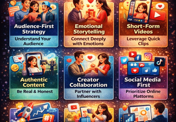 Indian Brand Campaign Case Studies Infographic showing Indian brand campaign strategies in 2026 including audience targeting, emotional storytelling, short video marketing, influencer collaboration, and social media growth