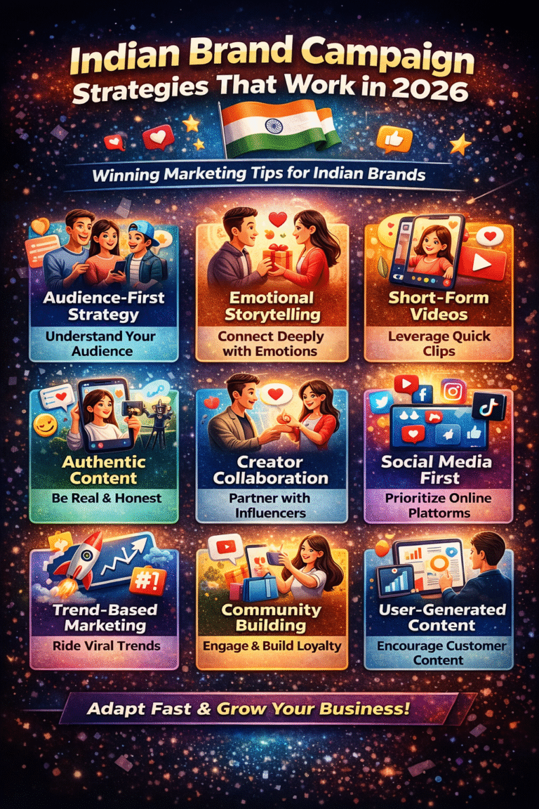 Indian Brand Campaign Case Studies Infographic showing Indian brand campaign strategies in 2026 including audience targeting, emotional storytelling, short video marketing, influencer collaboration, and social media growth