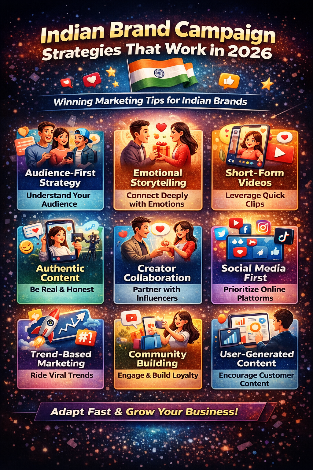 Indian Brand Campaign Case Studies Infographic showing Indian brand campaign strategies in 2026 including audience targeting, emotional storytelling, short video marketing, influencer collaboration, and social media growth