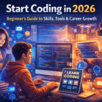 start coding in 2026 Futuristic illustration of beginners learning coding in 2026 with multiple screens, AI tools, coding interfaces, and developers working on laptops and virtual devices in a digital environment.