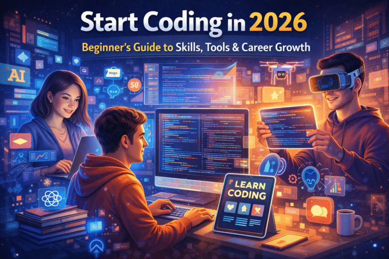 start coding in 2026 Futuristic illustration of beginners learning coding in 2026 with multiple screens, AI tools, coding interfaces, and developers working on laptops and virtual devices in a digital environment.