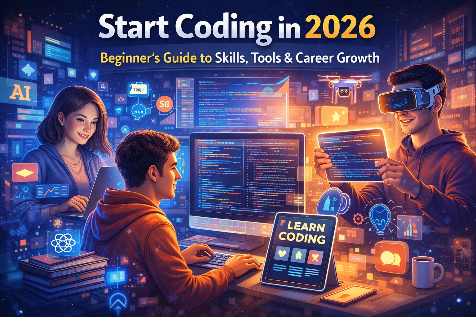 start coding in 2026 Futuristic illustration of beginners learning coding in 2026 with multiple screens, AI tools, coding interfaces, and developers working on laptops and virtual devices in a digital environment.